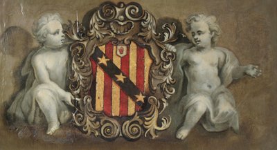 Dois putti suportando um cartucho com os braços Elton, c.1710-20 (óleo sobre gesso) de Pierre Berchet