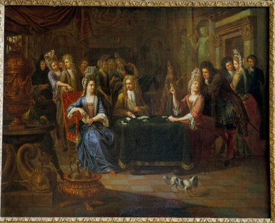 Nobres jogadores de cartas a jogar às cartas numa sala de estar. Pintura de Pierre Bergaigne (1652-1708) 1699 Arras, Musee Des Beaux Arts de Pierre Bergaigne