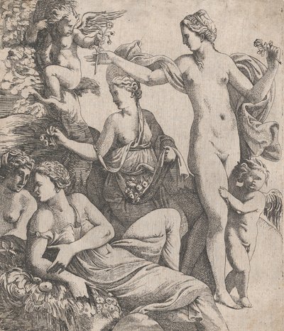 Vênus, de pé com as três Graças, é oferecida uma flor de um putto, 1607-61. de Pierre Biard