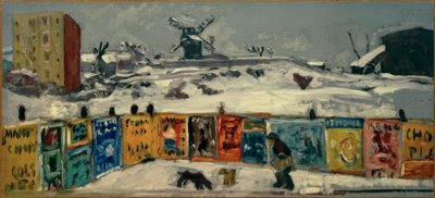 Paliçada, os pôsteres (Paliçada coberta de pôsteres e os antigos moinhos de Montmartre sob a neve) de Pierre Bonnard