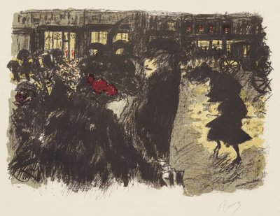 Alguns Aspectos da Vida em Paris, 7: A Praça da Noite, c.1898 (litho em amarelo, vermelho, violeta, cinza esverdeado sobre papel tecido) de Pierre Bonnard