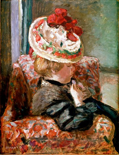 O chapéu de palha Mulher sentada em um sofá de flores. Pintura de Pierre Bonnard de Pierre Bonnard
