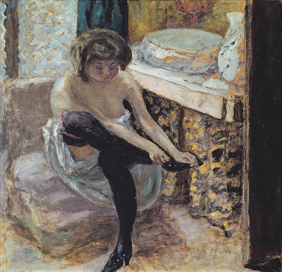 Mulher com meias pretas ou, mulher em seu banheiro, c.1900 (óleo no cartão) de Pierre Bonnard