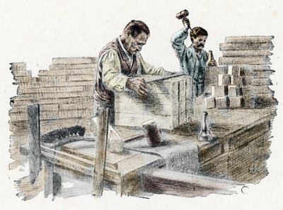 Savonnerie: le decoupage des breads de soap (fabrico de barras de sabão) Gravação de "Excursion a travers les metiers" da colecção privada Pierre Calmette de Pierre Calmettes