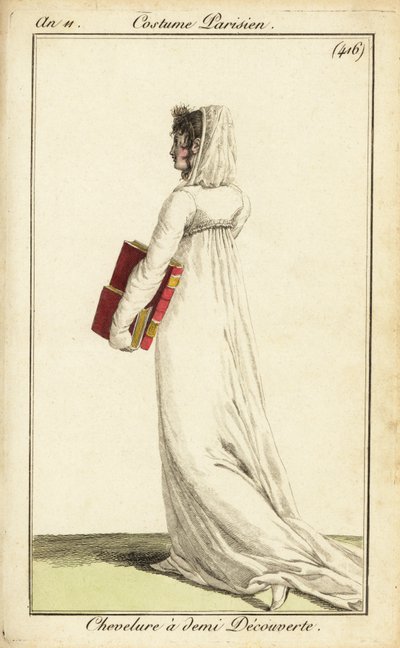 Mulher de vestido branco com véu sobre metade do seu cabelo, Paris de Pierre Charles Baquoy