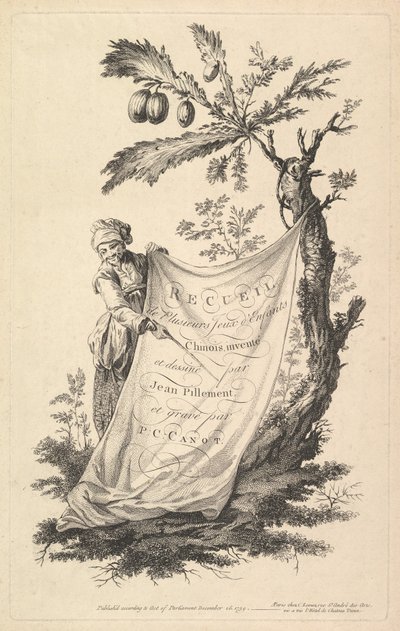 Folha de rosto: um homem sorridente segura a ponta de um pano amarrado a uma figueira e aponta com um s..., 1759. de Pierre Charles Canot