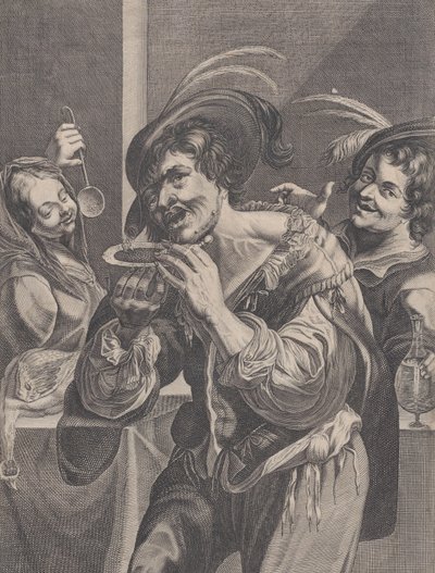Homem tomando sopa enquanto duas pessoas o observam, 1624-75. de Pierre Daret