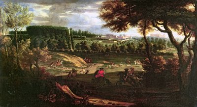 Louis XIV (1638-1715) Caça na Marly com vista do Chateau Vieux de Saint Germain de Pierre Denis Martin