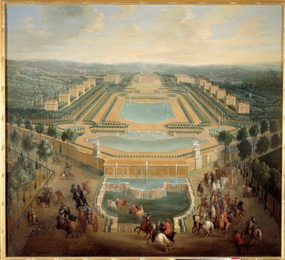 Perspectiva do castelo de Marly, Rei Luís XV (1710-1774) em carruagem deixa o castelo Pintura de Pierre Denis Martin (1663-1742) Sol do século XVIII. 1,37 x 1,55 m - Perspectiva do castelo de Marly, Rei Luís XV (1710-1774) abandona o castelo de Pierre Denis Martin