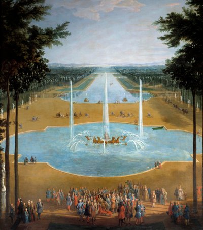 Vista da bacia do Apolo e do Grande Canal de Versalhes em 1713, em primeiro plano: Rei Luís XIV (1638-1715) tem o passeio por volta de 1713 Detalhe de um quadro de Pierre Denis Martin (1663-1742) Sol. 2,6x1,3 m de Pierre Denis Martin