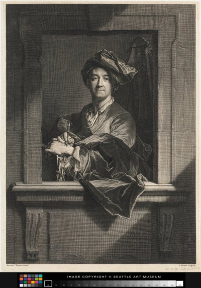 Gravura do retrato de si mesmo de Hyacinth Rigaud, final do século 17 ao século 18 de Pierre Imbert Drevet