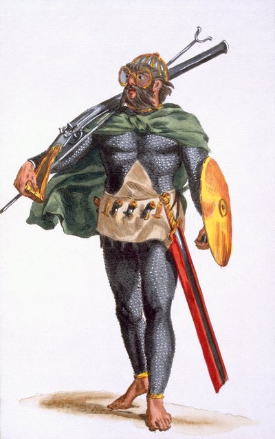 Um guerreiro das Ilhas Cap Verde, de &39;History of Travels&39;, 1780 (gravura colorida à mão) de Pierre Duflos