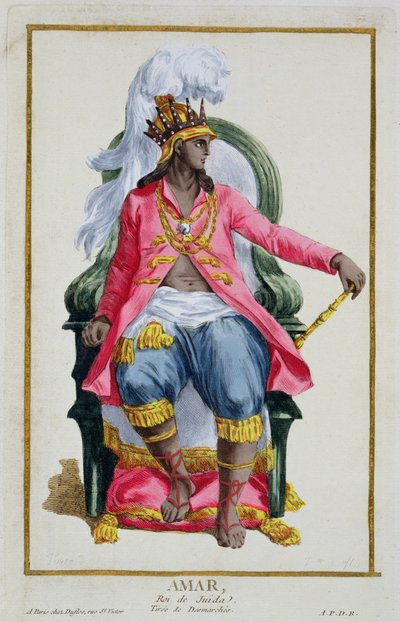 Amar, rei de Ouidah, de "Receuil des Estampes, representant les Rangs et les Dignites, suivant le Costume de toutes les Nations existantes", publicado em 1780 (gravura a cores) de Pierre Duflos