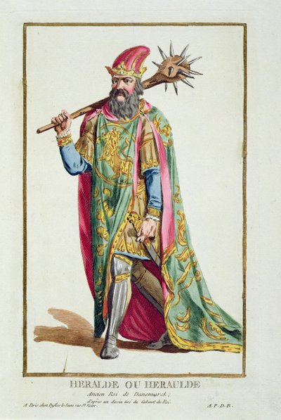 Harold, rei da Dinamarca, de "Coleção de gravuras, representando escalas e dignidades, seguindo o traje de todas as nações existentes", publicado em 1780 (gravura colorida à mão) de Pierre Duflos