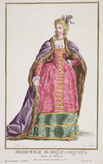 Hedwig, Marquesa de Arquien, Rainha da Polônia, de &39;Colecção de Estampas, Representando Cordilheiras e Dignitas, seguindo o Traje de todas as Nações existentes&39;, publicado em 1780 (pintados à mão de Pierre Duflos