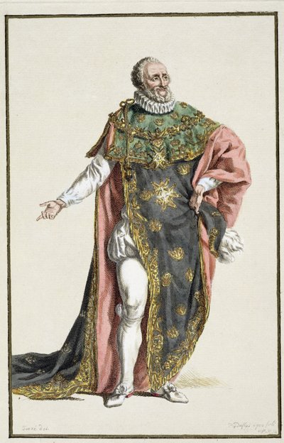Henrique IV (1553-1610) Rei da França, de Réuil des Estampes, representando Ranges e Dignites, seguindo o figurino de todas as nações existentes, publicado em 1780 (gravura colorida à mão) de Pierre Duflos