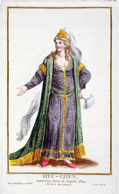 Hyu-Chen, esposa de Genghis Khan, de Réuil des Estampes, representando Ranges e Dignites, seguindo o figurino de todas as nações existentes, publicada em 1780 (gravura colorida à mão) de Pierre Duflos