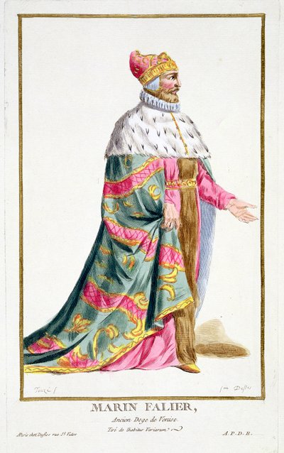 Marino Falier (1274-1355) Doge de Veneza a partir de "Receuil des Estampes, Representant les Rangs et les Dignites, suivant le Costume de toutes les Nations existantes", publicado em 1780 (gravura colorida à mão) de Pierre Duflos