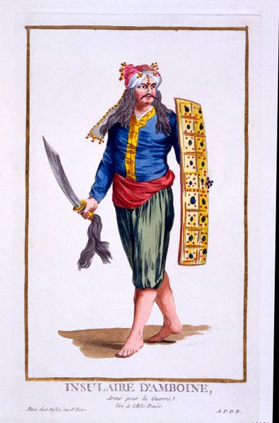 Nativa da Ilha de Amboine, armada para a guerra, de &39;Coleção de gravuras, representando escalas e dignidades, seguindo o traje de todas as nações existentes&39;, publicado em 1780 de Pierre Duflos