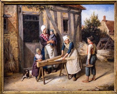 A família do agricultor (camponeses ocupados a preparar cânhamo em frente à porta de uma casa de campo) de Pierre Duval Le Camus
