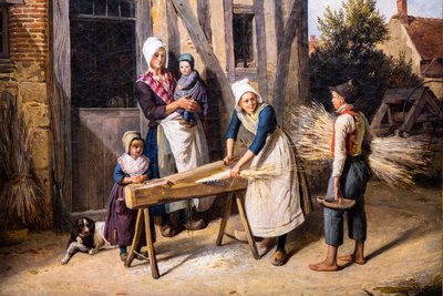 A família do agricultor (camponeses ocupados a preparar cânhamo em frente à porta de uma casa de campo) de Pierre Duval Le Camus