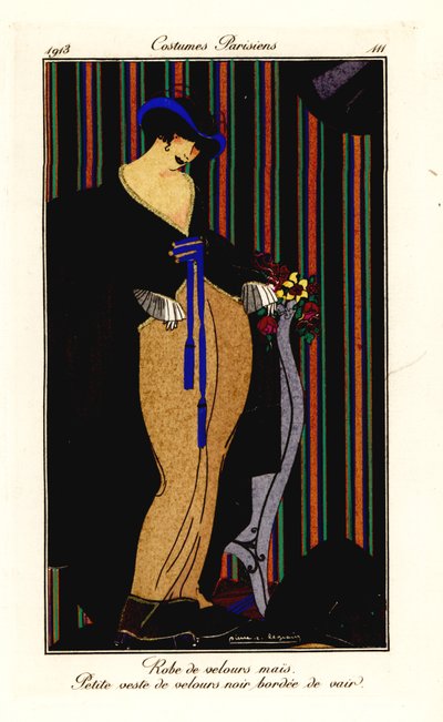 Mulher em vestido de veludo amarelo milho com colete preto de Pierre E. Legrain