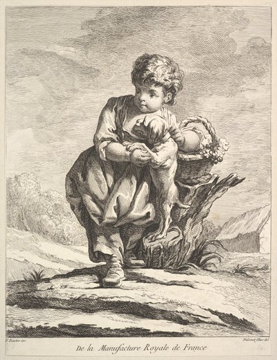 Criança com um cachorro, segurando uma cesta de uvas, do Premier Livre de Figuras daprès les po ..., 1757. de Pierre Etienne Falconet