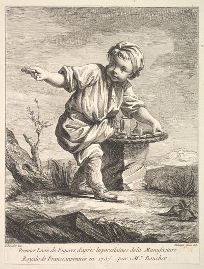 Frontispício com menino segurando uma cesta, do Premier Livre de Figuras daprès les po ..., 1757. de Pierre Etienne Falconet