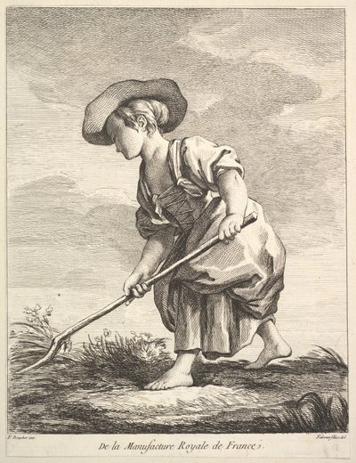 Menina fazendo trabalho agrícola, do Primeiro Livro de Figuras das porcelanas do M ..., 1757. de Pierre Etienne Falconet
