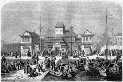 Vista da alfândega no porto de Xangai em 1860, China. Gravação de Grandsire, em "Le Tour du Monde, Nouveau journal des Voyages", editado por Edouard Charton, Paris de Pierre Eugene Grandsire