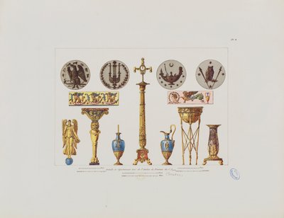 Detalhes e ornamentos do estúdio do pintor CI Isabey, de &39;Coleção de decorações de interiores, incluindo tudo relacionado a móveis&39;, publicado Paris, 1801 de Pierre Francois Leonard Fontaine