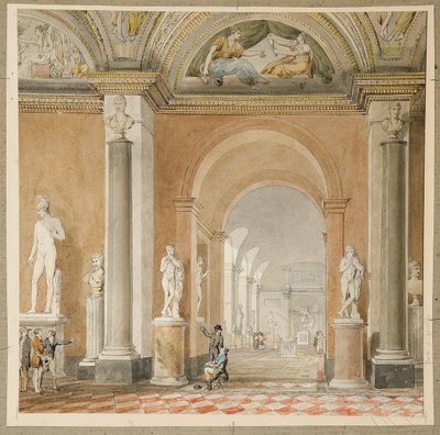 A velha sala Apollo do Belvédère no Louvre (giz preto e w - c no papel) de Pierre Francois Leonard Fontaine