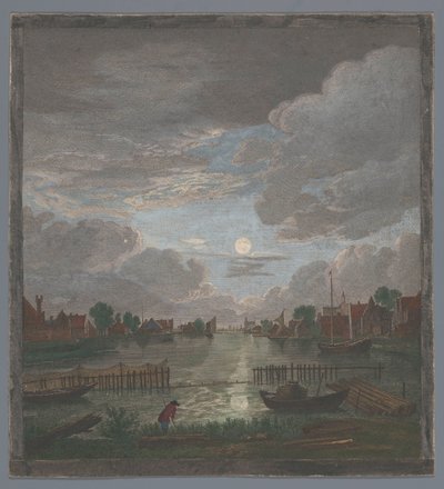Vista de um canal perto da cidade de Haarlem ao luar Vûe du canal proche de Haerlem (título no objeto) de Pierre François Basan