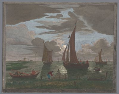 Vista de uma costa com navios e barcos na água ao luar
1er. Clair de lune (título sobre o objecto) de Pierre François Basan