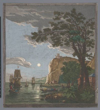 Vista de uma costa com navios e barcos na água ao luar
La pleine lune (título sobre o objecto) de Pierre François Basan