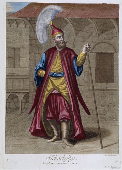 Tchorbadgi, capitão dos Janissários, "Coleção de 100 gravuras representando diferentes nações do Levante em 1707 e 1708" pelas ordens de M. de Frriol, embaixador do rei no Porte e atualizado em 1712-13 pelos cuidados de M. Le Hay, Basan en de Pierre François Basan