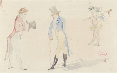 Folha de esboço leve mostrando dois dançarinos de encontro e um amour de ballet de Pierre François Eugène Giraud