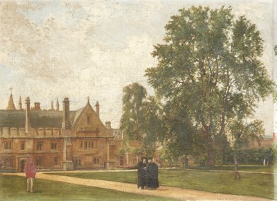 No Grounds of Magdalen College, com Retratos de Magdalen Fellows: o reverendo THT Hopkins, o reverendo HR Bramley, o reverendo J. Rigaud e o reverendo HF Garnsey, 1882 de Pierre François Joseph Tonneau