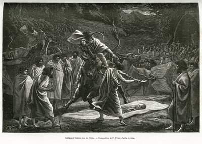Uma cerimônia fúnebre para o Todas, uma pequena comunidade pastoral no planalto de Nilgiri (Sul da Índia), durante o funeral, o gado é sacrificado. Gravura de P. Fritel, para ilustrar as lembranças de uma viagem aos Nilgherries, de Madame Janssen, em 1 de Pierre Fritel