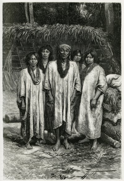 Os tipos Chefe Lacandon e Lacandon, maias que vivem nas selvas de Chiapas (México). Gravura de P. Fritel, para ilustrar a história "Viagem a Yucatan e à Terra de Lacandons", em 1882, de Desire Charnay (1828-1915) arqueólogo e fotógrafo de Pierre Fritel