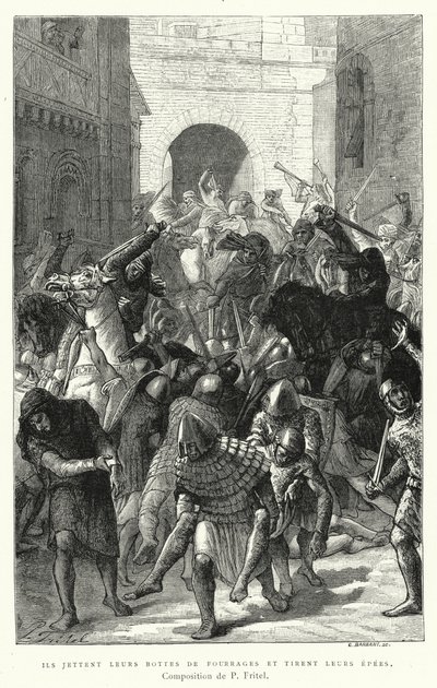 Atiram as suas botas forrageiras e puxam as suas espadas (gravura) de Pierre Fritel