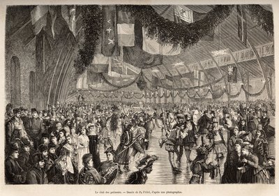 O clube de patinadores de Montreal, num encontro para uma noite de patinagem, gravado após um desenho de P. Fritel, ilustrando a excursão ao Canadá e a Riviere Rouge du nord, de H. De Lamotte, em 1873, publicado em "Le tour du monde" 1875, editado por Edo de Pierre Fritel