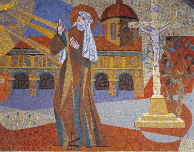 Grande plano de um mural, Basílica de Santa Teresa, Lisieux, Baixa-Normandia, França de Pierre Gaudin