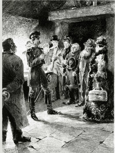 Um oficial alemão pede a Boulle de tallow em troca da liberdade de todos os passageiros que tenham sido presos na diligência. Em "Bola de Sebo" de Guy de Maupassant (1850-1893). Ilustração de P. G. Jeanniot (1848-1934). Publicado em Ollendorff i de Pierre Georges Jeanniot