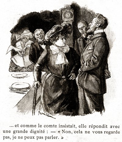 "Boule de Suif": Elisabeth Rousset recusa-se a responder ao conde, início do século XX (ilustração) de Pierre Georges Jeanniot
