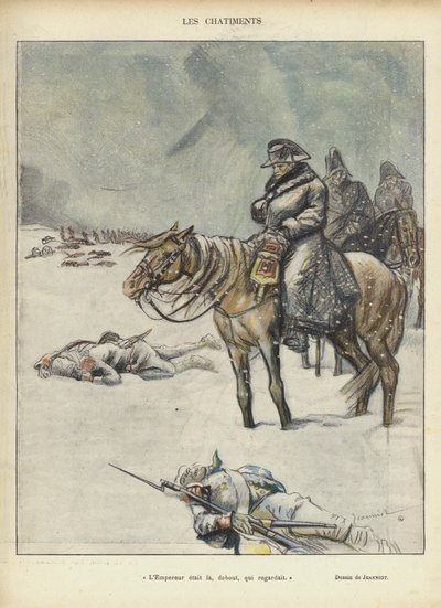 Napoelon no retiro de Moscou, ilustração para Le Rire de Pierre Georges Jeanniot