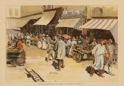Os marchands de quatre saisons na Rue du Faubourg Saint-Denis, Paris (litografia a cores) de Pierre Georges Jeanniot