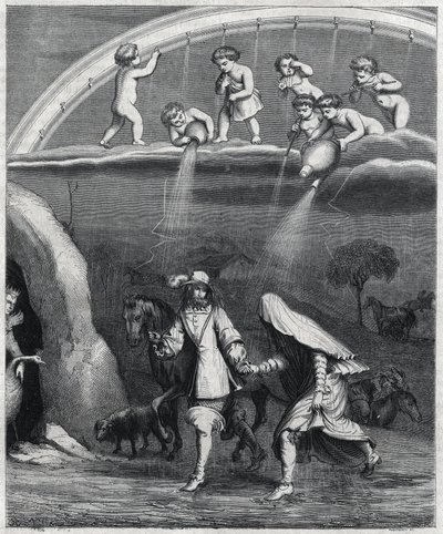 Enee e Didon surpreendidos com a chuva na floresta. Ilustração de "Virgil travesti" de Paul Scarron (1610-1660), uma paródia de "L