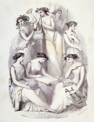 Génios do Olimpo - em "Les Femmes mythologiques", desenhos de G. Staal, de Mery e Cte Foelix, Ed. G. de Gouet de Pierre Gustave Eugene Staal