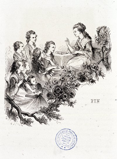 Jovem governanta a contar uma história a um grupo de crianças - em "Le magasin des enfants", de Mme. Leprince de Beaumont, doente. Staal, Garnier de Pierre Gustave Eugene Staal